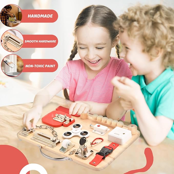 Potatomato Montessori Busy Board for Toddlers - Wooden Educational Fidget Toys - Autism Sensory Products - Activity Board for Kids Baby Boys Girls, ADHD- Fine Motor Kids Travel Toys