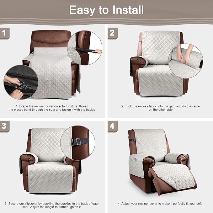KinCam 100% Waterproof Recliner Chair Cover, Reclining Couch Covers for Pets, Dogs, Recliner Couch Slipcover Furniture Protector with Elastic Straps for Kids(30", Beige White)