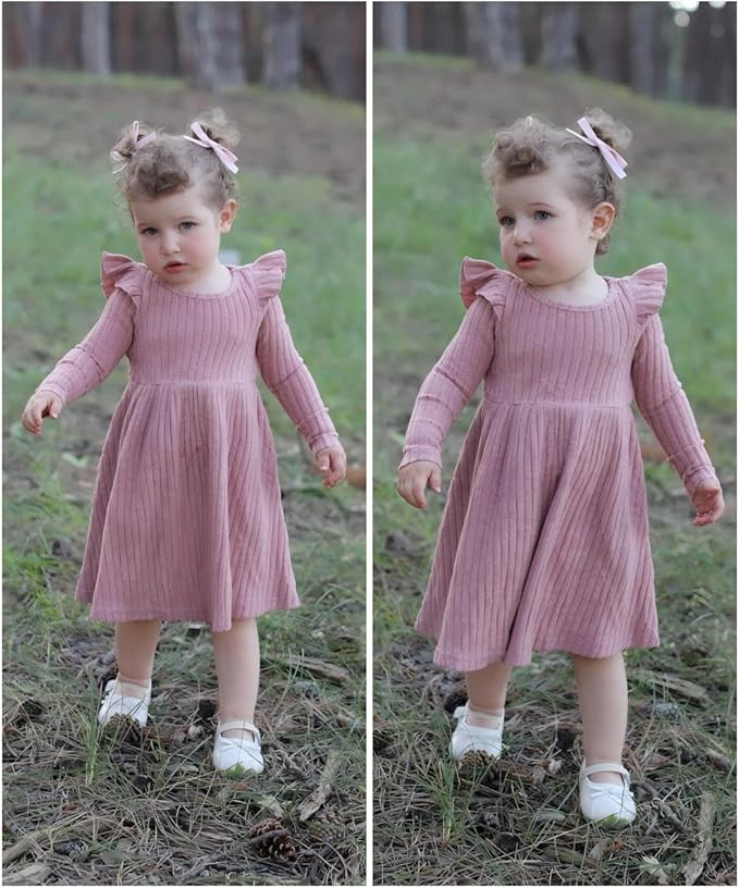 Arshiner Toddler Girl Dress Baby Girls Knitted Ruffle Sleeve Pocket Dresses A-Line Flared Fall Winter Clothes for 2-8 Years