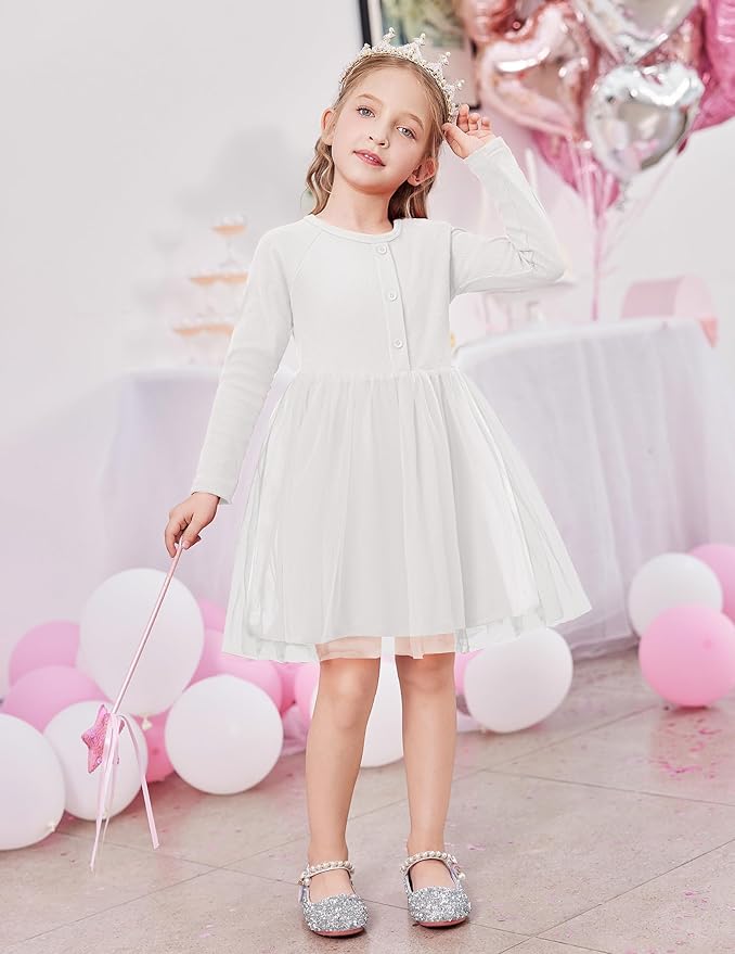 Arshiner Toddler Girls Tutu Dress Long Sleeve Fall Winter Button Front Party Tulle Dresses 2-8Y