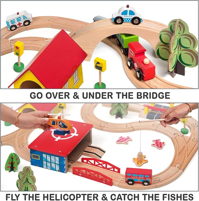 Wooden Train Set - 69 Pieces Wooden Train Tracks & Trains for Kids, Toddler Boys and Girls 3,4,5 Years Old and Up– Premium Wood Construction Toys -Fits Thomas, Brio, IKEA, Melissa and Doug