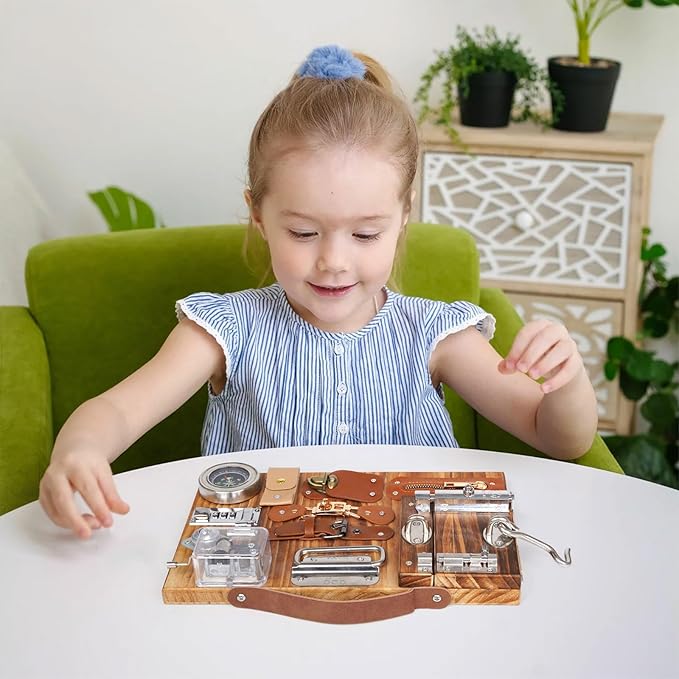 Montessori Busy Board for Toddlers Wooden Sensory Montessori Toys,Travel Toy Fidget Board Learning Activity Board for Fine Motor Skills Boys & Girls, Educational Learning Toy with Locks,Latches