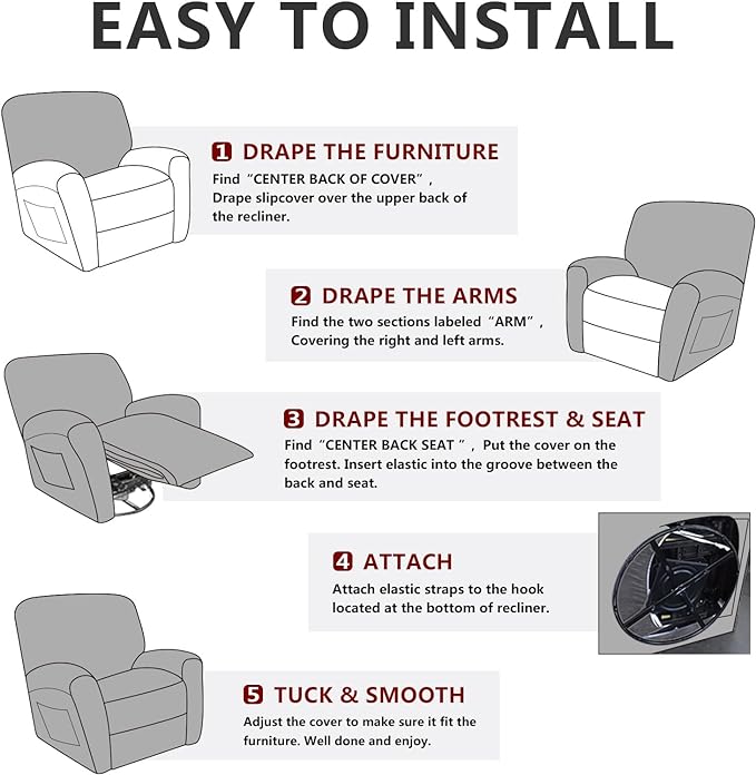 Leather Look Recliner Chair Covers Stay in Place 4-Piece Lazy Boy Recliner Slipcovers for Reclining Chair Furniture Protector Spandex Fabric Washable (X-Large, Dark Gray)