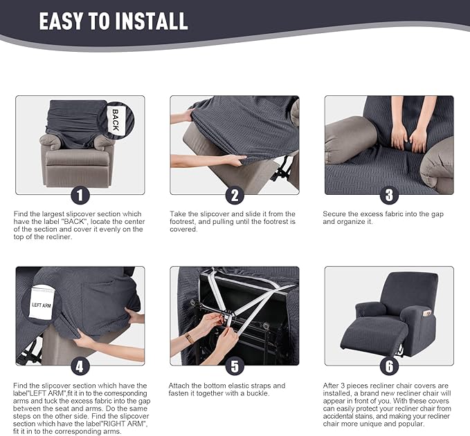 KinCam Recliner Covers, Stretch Reclining Chair Covers, Recliner Sofa Slipcovers Stripe Jacquard Recliner Couch Covers Furniture Protector Covers for Pet Kid (1 Seater, Deep Gray)