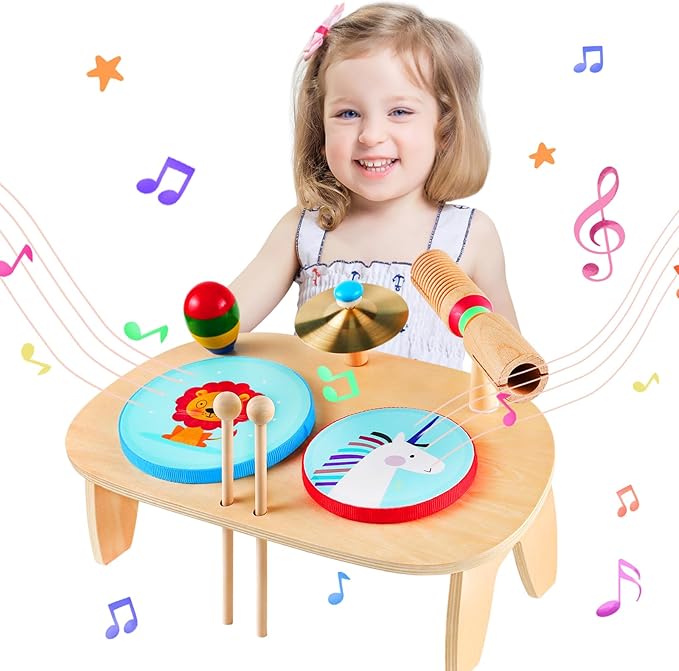 LOOIKOOS Kids Drum Set for Toddlers 1-3, All in One Montessori Musical Instruments -Wooden Percussion Educational Preschool Music Toys for Baby 12-18 Months