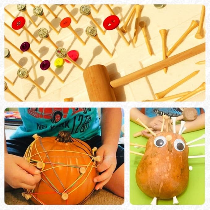 Hammering and Pounding Toys for Kids Include 1 Wood Hammer and 30 Bamboo Nails Improve Fine Motor Skills Friendly Natural Wooden Educational Montessori Toy for Childs DIY Birthday Gift for 4+