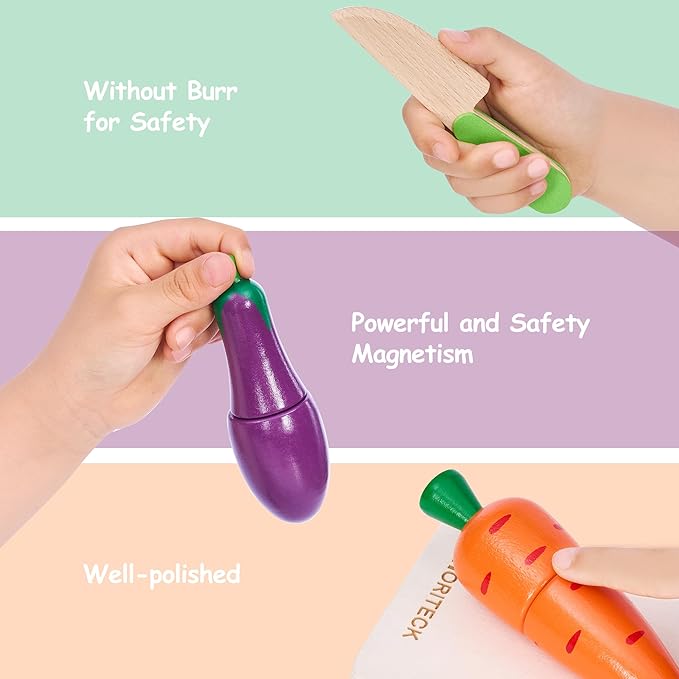 Wooden Play Food Sets for Kids Kitchen Accessories, Realistic Wood Cutting Fruits and Vegetables Toys for 3- Year Old Toddlers, Mini Pretend Play Gifts for 3 -6 Years Girls Boys