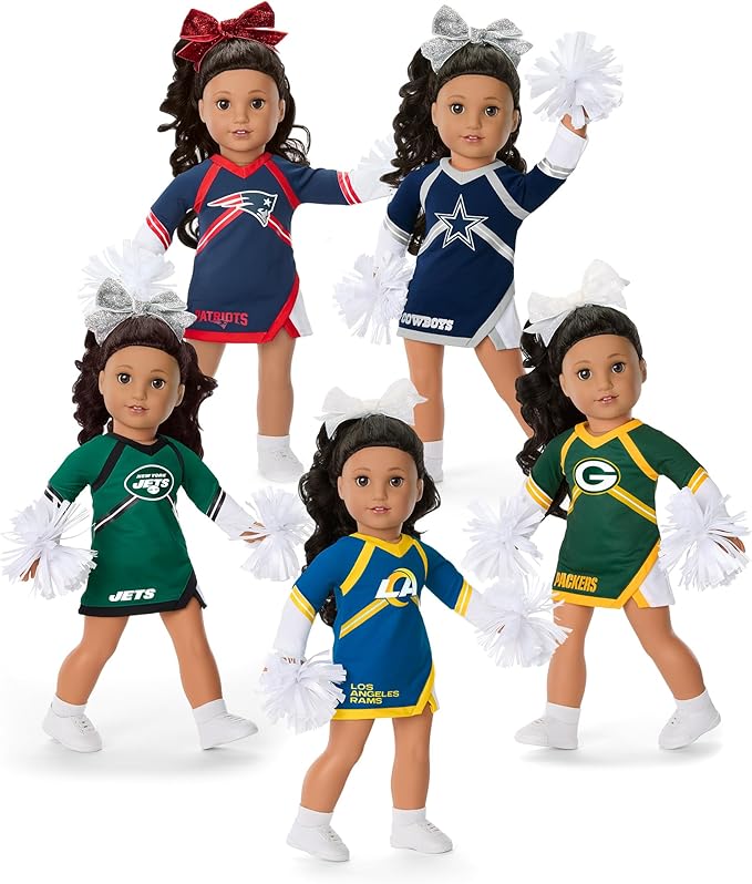 American Girl Los Angeles Rams Cheer Uniform 18 inch Doll Clothes with Pom Poms, Blue and Yellow, 5 pcs, Ages 6+