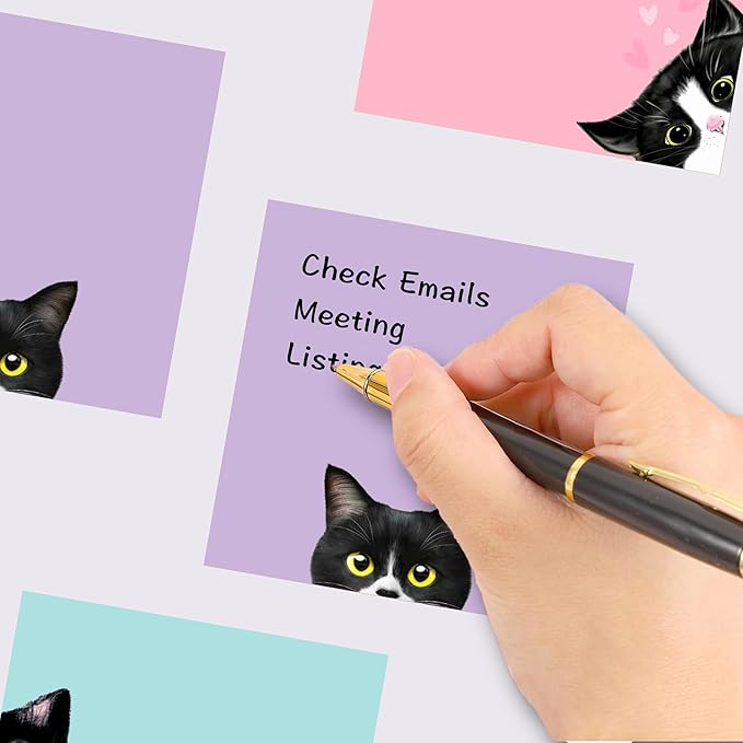 9 Pads Black Cat Sticky Notes Set, Pink Self-Stick Note Pads, Cute Memo Pads Super Adhesive Note Card for Cat Lover Gift, Teacher Office and School Supplies, 3x3in