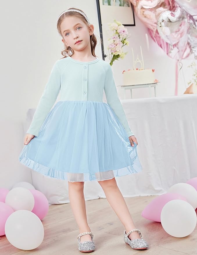 Arshiner Toddler Girls Tutu Dress Long Sleeve Fall Winter Button Front Party Tulle Dresses 2-8Y