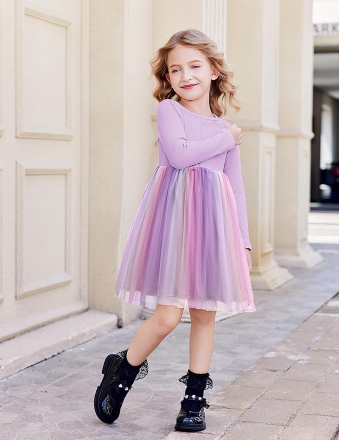 Arshiner Toddler Girls Tutu Dress Long Sleeve Fall Winter Button Front Party Tulle Dresses 2-8Y
