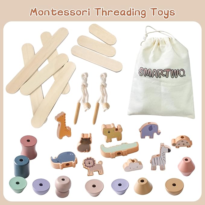 Wooden Animals Threading Toys Lacing Beads for Toddlers 2 3 4 5 Years Old, Stacking Blocks Balance Toy, Educational Preschool Learning Toy, Montessori Activities for Boys & Girls