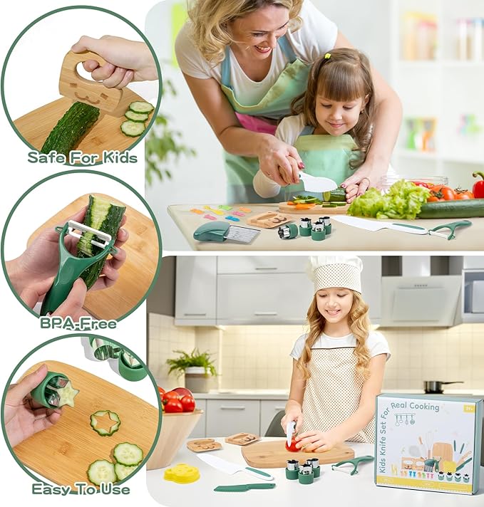 18 PCS Kids Cooking Sets Real, Montessori Kitchen Tools for Toddlers, Cooking & Baking Set for Kids Little Chefs, Toddler Knife Set, Crinkle Cutter, Cutting Board