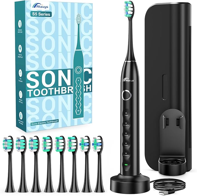 Rtauys Electric Toothbrush for Adults and Kids, Wireless Rechargeable Tooth Brush with 8 Replacement Heads, One Charge for 120 Days, 5 Modes Toothbrush with Travel Case, Black