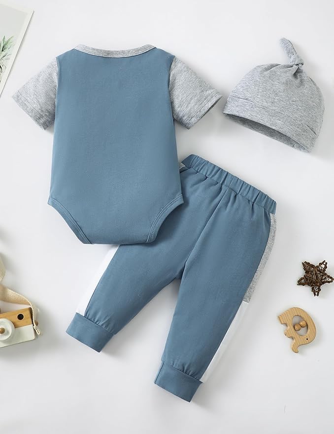 SUNNY PIGGY Baby Boy Clothes Newborn Infant Boys Outfits Romper Hat Pants 3PC Set 0-3 3-6 6-12 12-18 Month Clothing Gift