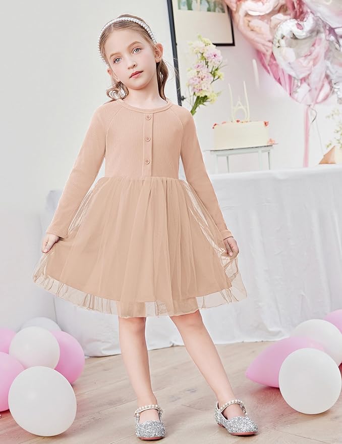 Arshiner Toddler Girls Tutu Dress Long Sleeve Fall Winter Button Front Party Tulle Dresses 2-8Y
