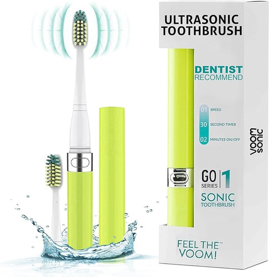 Voom Sonic Go 1 Series Travel Electric Toothbrush | Travel Toothbrushes - Battery Operated Toothbrush for Adults & Kids, Dentist Recommended Toothbrush, Portable w/ 2 Minute Timer (Yellow)