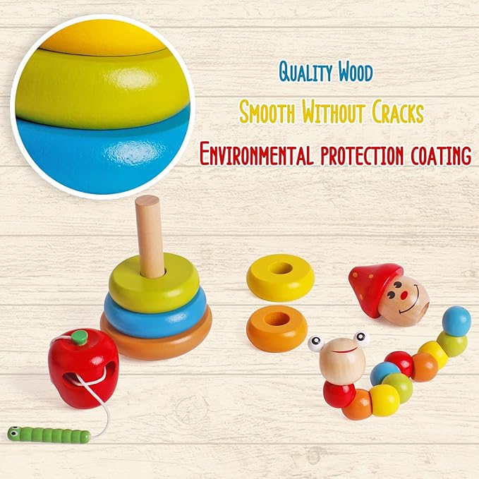 SHIERDU Four-in-one Early Education Set Bead Maze Toy for Toddlers Montessori Activity Caterpillars Eat Apple Wooden Rainbow Stacker Twisting Caterpillar Toddler Activity Center Portable Travel Toys