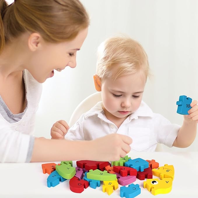 LovesTown Goldfish Wooden Puzzle, 26PCS Jigsaw Puzzle Alphabet and Number Building Blocks for Kids Toddler Preschool