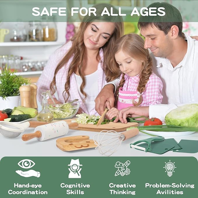 17 PCS Kids Knife Set for Real Cooking, Montessori Kitchen Tools for Toddlers, Cooking and Baking Set for Kids Little Chefs, Crinkle Cutter, Cutting Board, Safe Knife