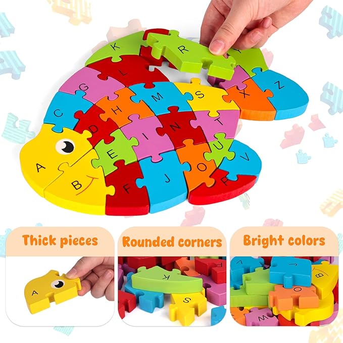 LovesTown Goldfish Wooden Puzzle, 26PCS Jigsaw Puzzle Alphabet and Number Building Blocks for Kids Toddler Preschool