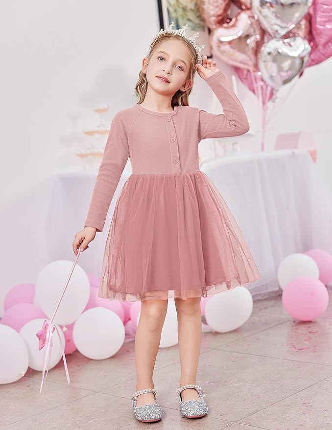 Arshiner Toddler Girls Tutu Dress Long Sleeve Fall Winter Button Front Party Tulle Dresses 2-8Y