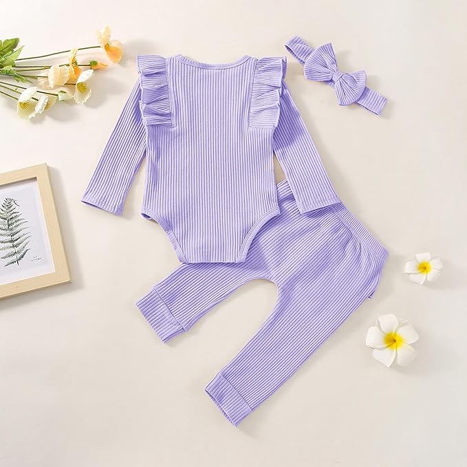 Baby Girl Clothes Newborn Infant Fall Winter Outifts Ribbed Ruffle Long Sleeve Romper Pant Outfit Set 3pcs 0-18Months