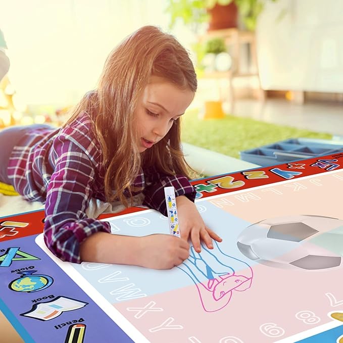Alago Aqua Coloring Mat,Kids Toys Large Water Painting Mat,Toddlers Doodle Pad with 4 Colors,Gifts for Girls Boys Age 3 4 5+ Years Old,4 Pens,Drawing Molds and Booklet Included