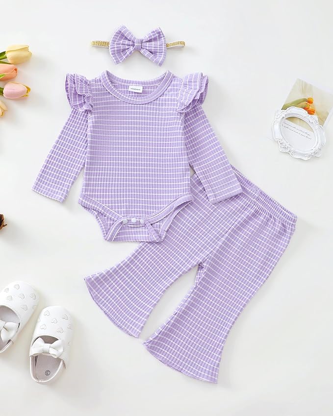 SUNNY PIGGY Newborn Baby Girl Clothes Infant Girls Outfits Ruffle Long Sleeve Romper Pants Set with Headband