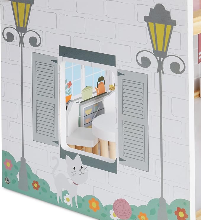 Lil' Jumbl Jumbl Kids Wooden Dollhouse, 17-Piece Accessories & Furniture are Included, with Balcony & Stairs, 3 Story Easy to Assemble Doll House Toy