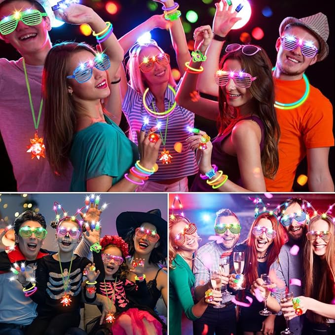 266PCS Glow in the Dark Party Supplies for Kids Adults, Light Up Party Favors LED Glasses, Headband,Rings,Finger Light,Bracelets,Meteor Necklaces,100 Glow Sticks Bulk DIY Necklaces Neon Party Supplies
