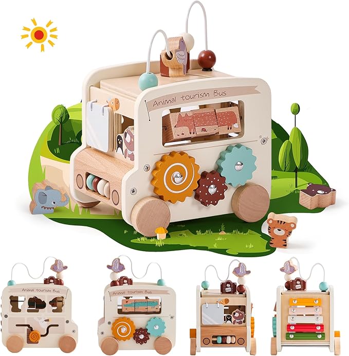 Wooden Activity Cube 8-in-1 Montessori Toys | Multifunctional Early Educational Learning Toys | Activity Cube for Baby Shape Sorter Xylophone Animal Travel Bus Toys Boy Girl Birthday Gift(Beige Bus)