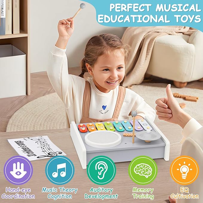 Kids Drum Set Musical Instruments - 5 in 1 Montessori Toys for Toddler Baby, Wooden Music Kit with Piano Keyboard Xylophone, Preschool Educational Sensory Toys Birthday Gifts for Boys Girls 1-3+