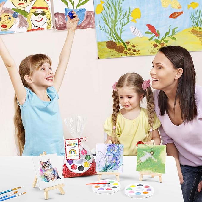 74 Pcs Valentine's Day Mini Watercolor Paint Set with Easel, Valentines Gift Watercolor Painting Bulk 8 Colors Watercolor Paints with Cards for Party Art Supplies Beginner Painting