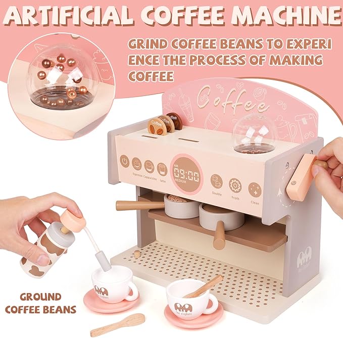 Kids Wooden Coffee Maker Playset Espresso Machine Playset with Grinder Toddler Pretend Play Montessori Kitchen Accessories Realistic Kitchen Toy,Gift for Toddler Boys & Girls