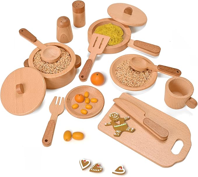 Play Kitchen Accessories Montessori Wooden Toys Kids Kitchen Toy Set Cookware Plates Dishes Pots Pans Cooking Playset 15 Pieces Sensory Toys for Toddlers Girls Boys with Storage Bag