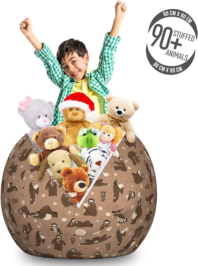 Ambesonne Funny Sloth Storage Toy Bag Chair, Whimsical Lazy Animal with Morning Coffee Poses Enjoy The Moment, Stuffed Animal Organizer Washable Bag, Large Size, Umber Beige Warm Taupe