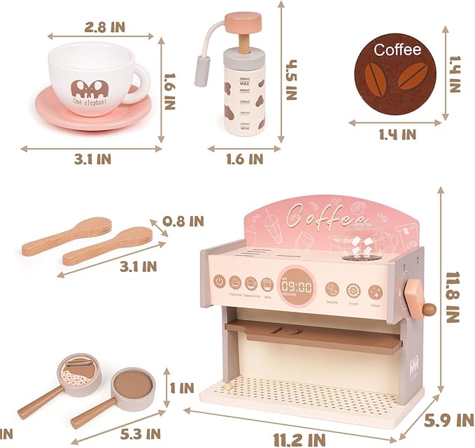 Kids Wooden Coffee Maker Playset Espresso Machine Playset with Grinder Toddler Pretend Play Montessori Kitchen Accessories Realistic Kitchen Toy,Gift for Toddler Boys & Girls