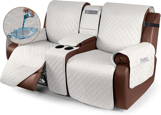 KinCam 100% Waterproof Recliner Loveseat Cover with Console, Non-Slip Reclining Couch Covers for 2 Seat, Recliner Sofa Cover Furniture Protector with Elastic Straps for Kids, Pets, Beige