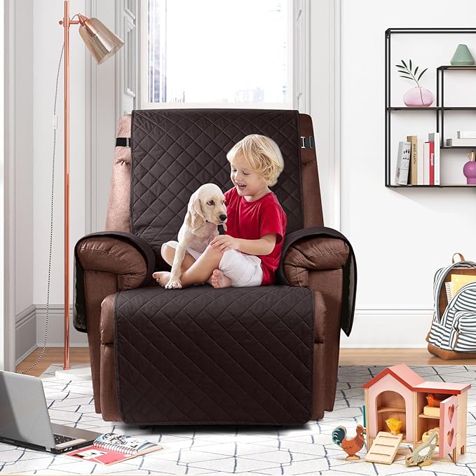 KinCam 100% Waterproof Recliner Chair Cover, Reclining Couch Covers for Pets, Dogs, Recliner Couch Slipcover Furniture Protector with Elastic Straps for Kids(28", Chocolate)