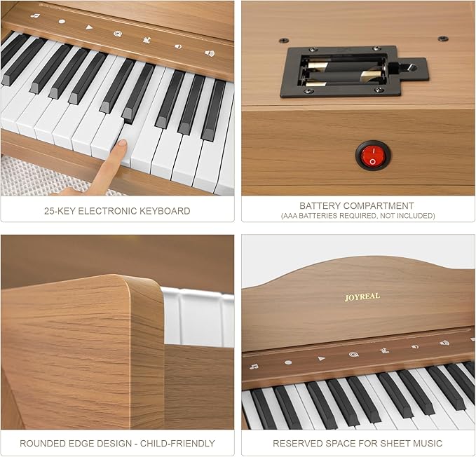Joyreal Kids Piano Keyboard - 25 Keys Digital Piano Toys with Keyboard Sticker and Touch Sensitive Control Panel,Music Educational Instrument Toy,Wooden Mini Piano Gifts for Girls Boys Ages 3+