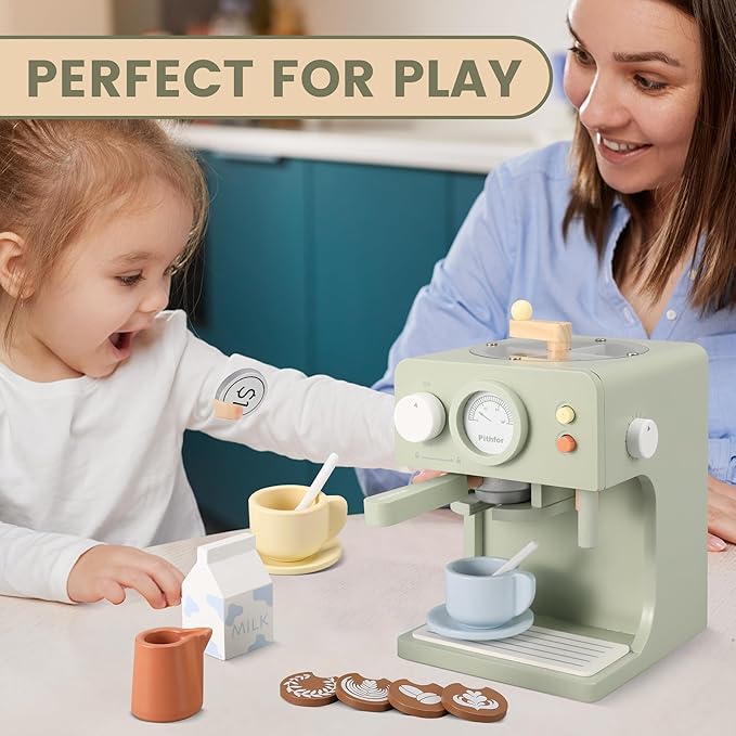 Kids Wooden Coffee Maker Toy with Grinder, Pretend Play Kitchen Appliances & Accessories Toy Gift for Kids Toddlers Boys Girls