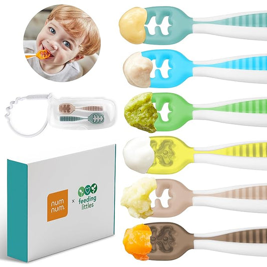 NumNum Baby Spoons Set, Feeding Littles x Silicone Pre-Spoon GOOtensils for Kids Aged 6+ Months - First Stage, Baby Led Weaning (BLW), Teething Spoon - Gift Set + Travel Case - 6 Spoons, Neon