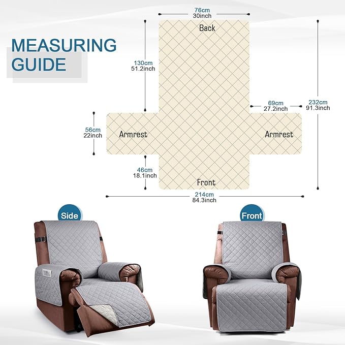 KinCam 100% Waterproof Recliner Chair Cover, Reclining Couch Covers for Pets, Dogs, Recliner Couch Slipcover Furniture Protector with Elastic Straps for Kids(30", Light Gray)