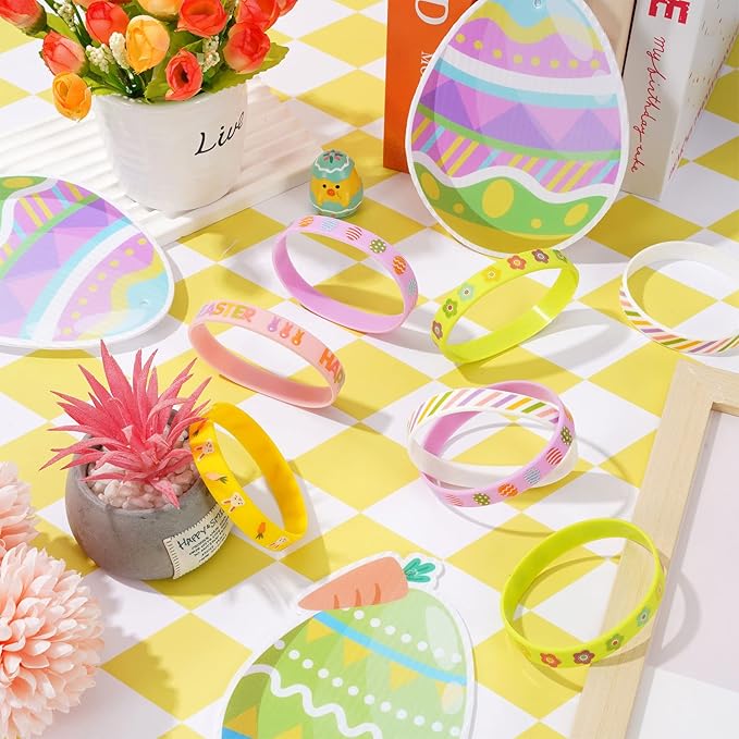 AnyDesign 35Pcs Easter Silicone Bracelets Easter Bunny Rabbit Egg Flower Carrot Rubber Wristband Pastel Spring Holiday Bracelet for Party Favor Supplies Goodie Bag Fillers