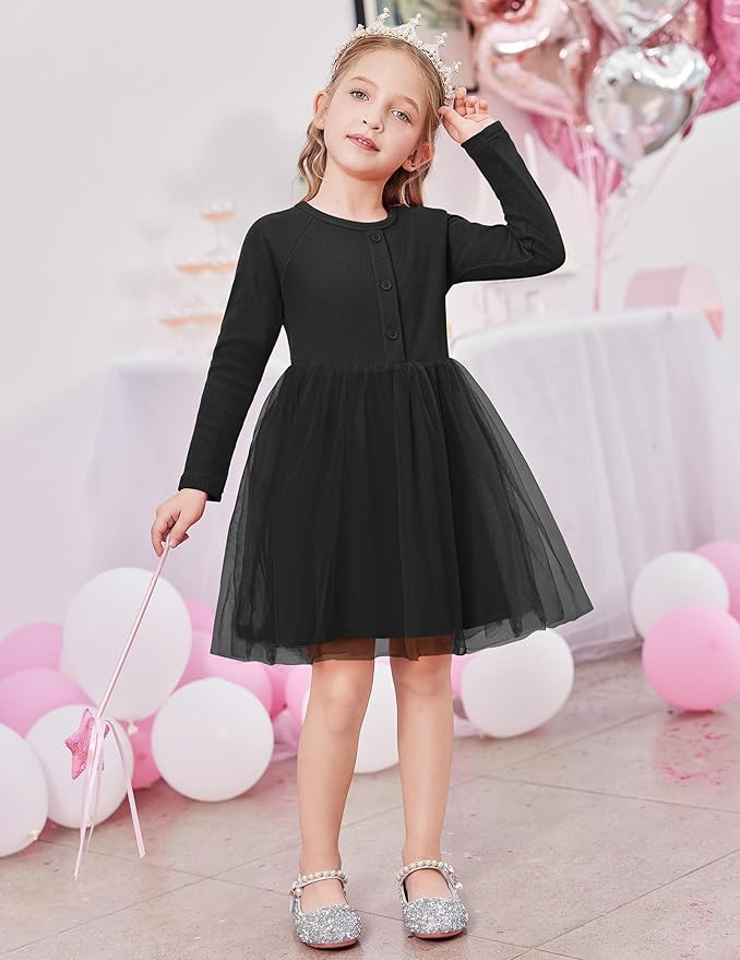 Arshiner Toddler Girls Tutu Dress Long Sleeve Fall Winter Button Front Party Tulle Dresses 2-8Y