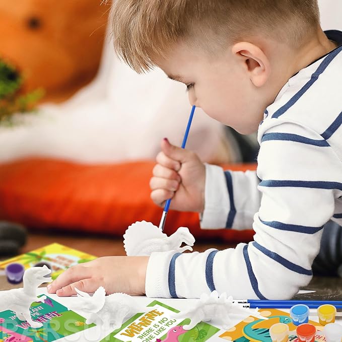 24PCS Valentines Day Cards for Kids with Dinosaur Painting Kit for Kids, Valentines Greeting Cards for School Classroom Exchange Gifts, Happy Valentines Day Arts and Crafts Party Favor Supplies
