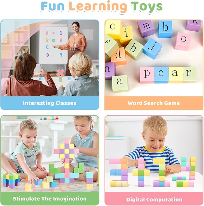 60pcs Magnetic Blocks - 1.38 inch Large Magnetic Building Blocks for Toddlers, Colorful Magnetic Cubes Preschool Educational Sensory Toys, Creative Learning Kids Blocks for Boys Girls Aged 3+