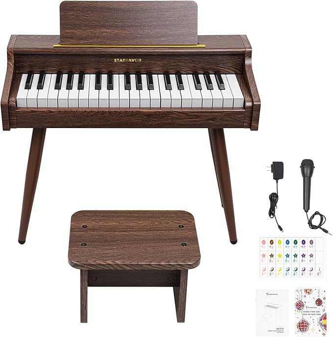 Starfavor Kids Keyboard, 37 Keys Digital Piano with Volume Control, Rechargeable Music Educational Instrument Toy, Wood Piano for 3+ Girls, Boys, Beginner, Toddler