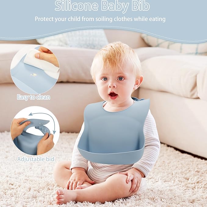 Silicone Baby Feeding Set, Baby Led Weaning Supplies, Silicone Suction Plate, Bowl, Spoons, Fork, Waterproof Bib, Cup and Food Tableware, Eating Utensils Baby Feeding Essentials for 3+ Months